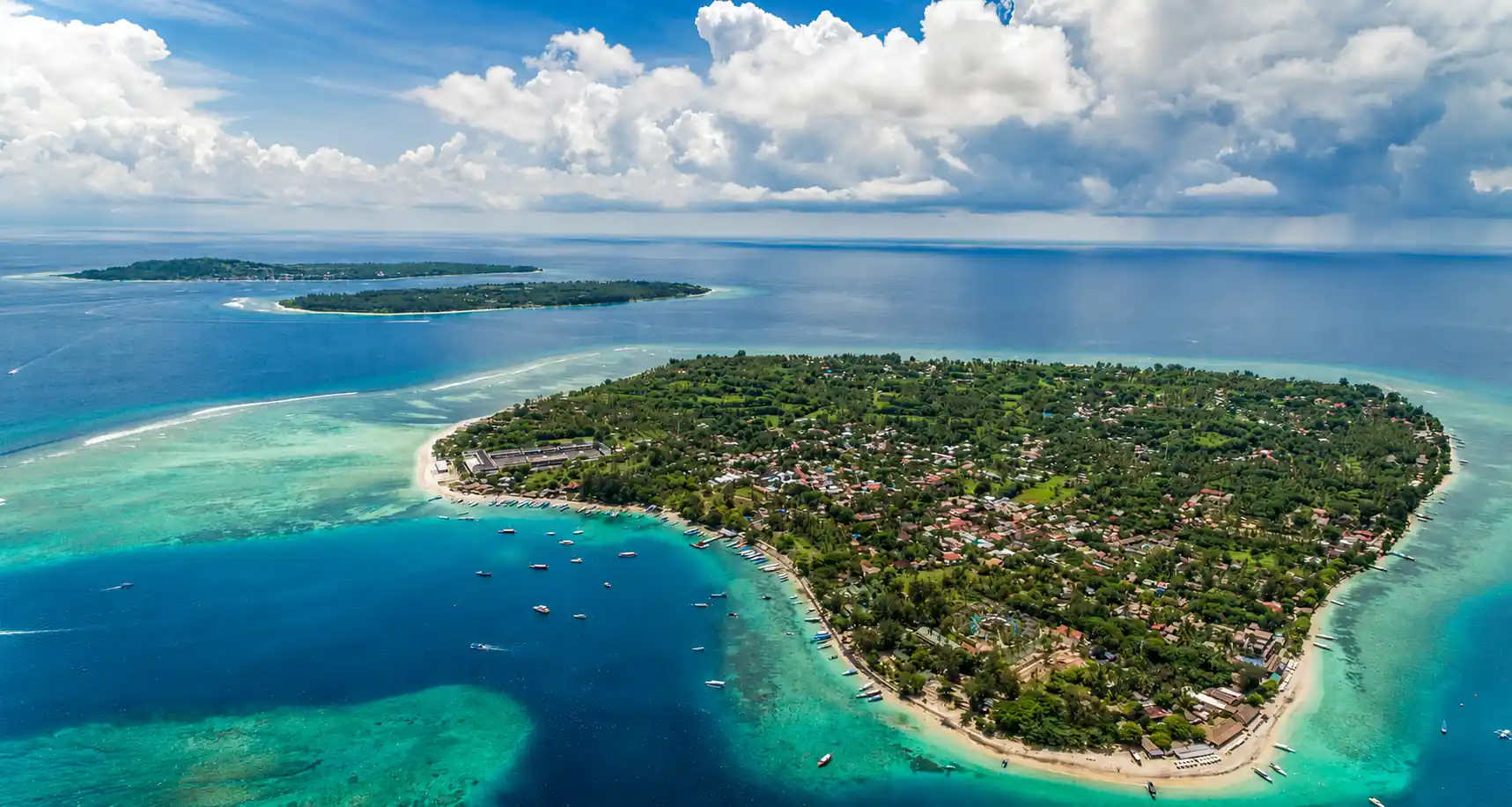 Gili Islands aerial view for comparing Gili Trawangan, Gili Air, and Gili Meno